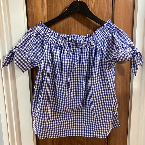 J. Crew Off the Shoulder Top in Blue Gingham - Picture 3 of 6
